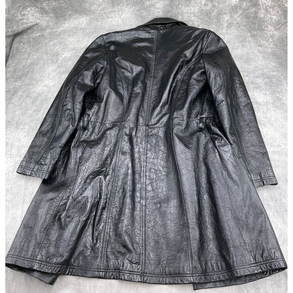 Maxima Wilsons Coat Women Lg Black Leather Double Breast Shiny Crinkle Long VTG - Picture 12 of 13